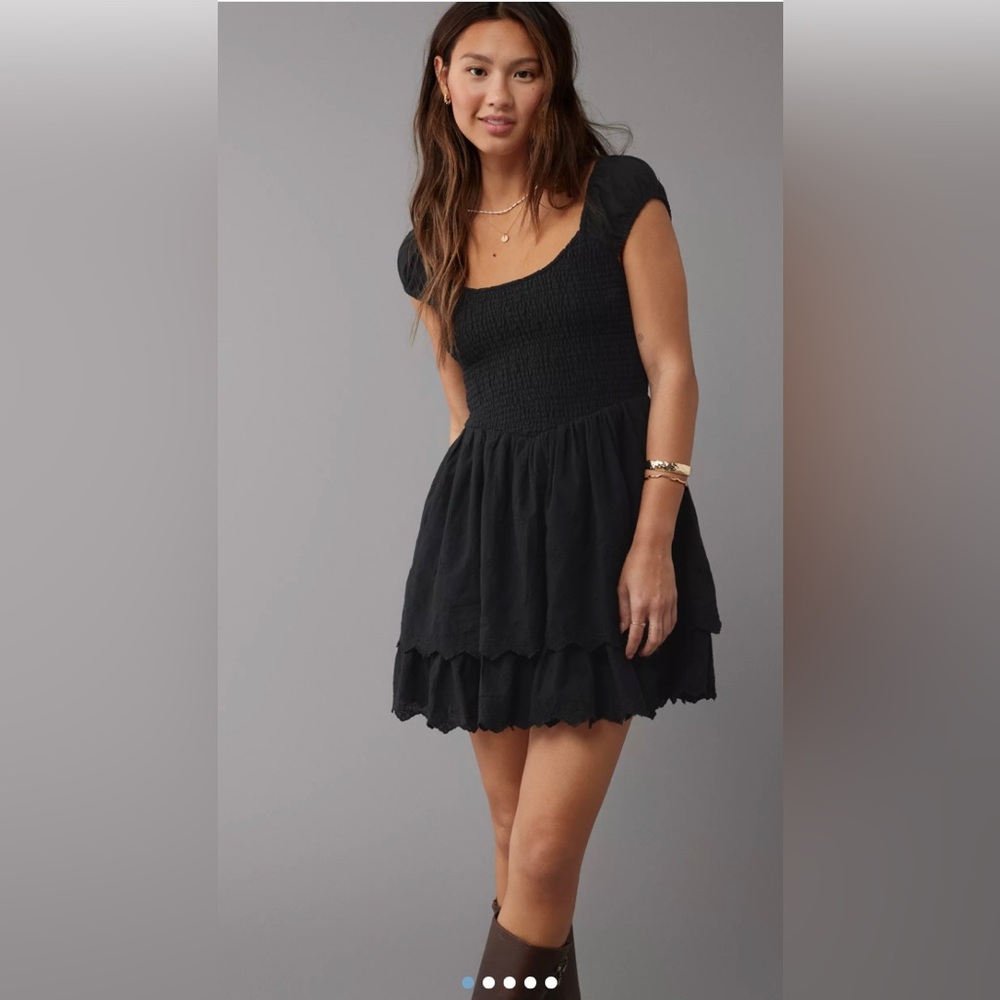 American Eagle Outfitters Black Smocked Tiered Mini Dress